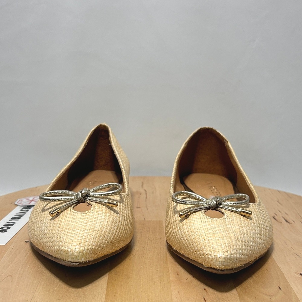 Jack Rogers Woven Raffia Pointed Toe Ballet Flats Beige Metallic Bow - Size 8.5M - Picture 4 of 12